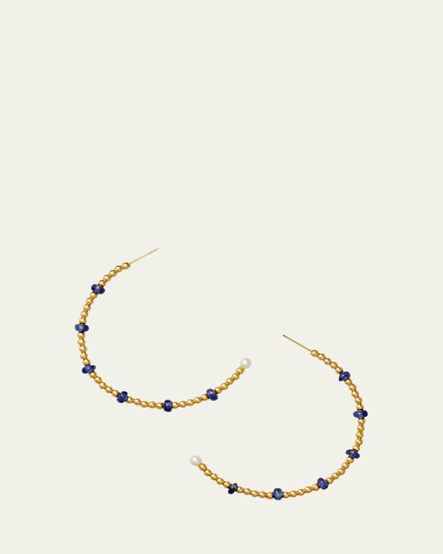 18K Yellow Gold Flora Blue Sapphire and Pearl Bead Hoop Earrings